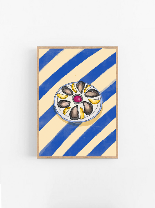 Håndtegnet østers-fad: Plakat fra Blåmst til rolig vægkunst