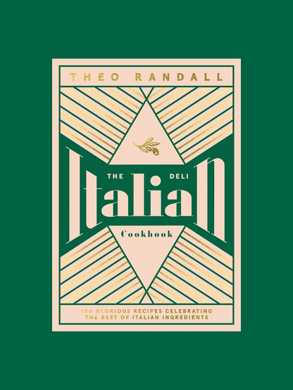 Forside af 'The Italian Deli Cookbook' med 100 opskrifter fra kokken Theo Randall, der fremhæver italienske delikatesser.