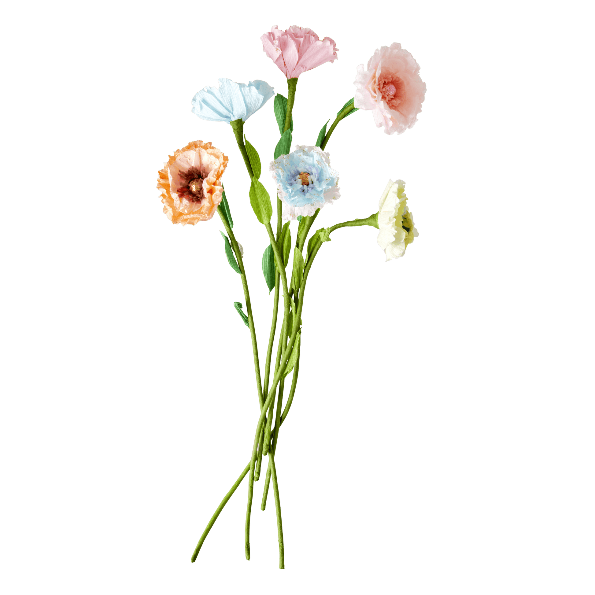 Blå og gule silkeblomster i buket til borddekoration