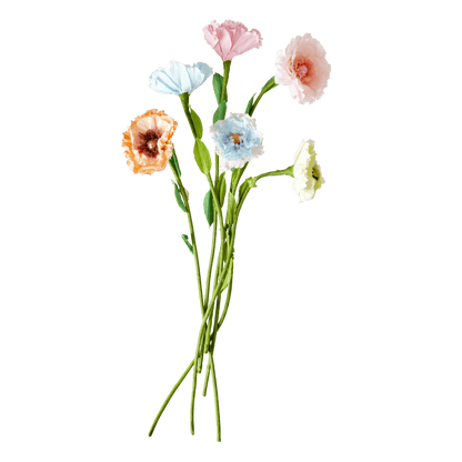 Blå og gule silkeblomster i buket til borddekoration