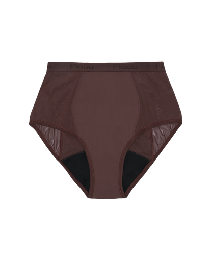 Mørkebrune højtaljede trusser med mesh-detaljer, fladt produktbillede på hvid baggrund.