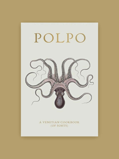 Forside af kogebogen 'POLPO' med opskrifter inspireret af autentisk venetiansk madlavning.