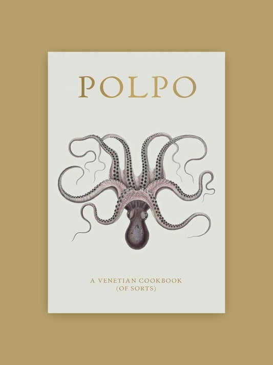 Forside af kogebogen 'POLPO' med opskrifter inspireret af autentisk venetiansk madlavning.
