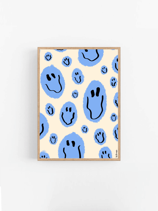 Happy plakat fra Blåmst med håndtegnede blå smilende ansigter