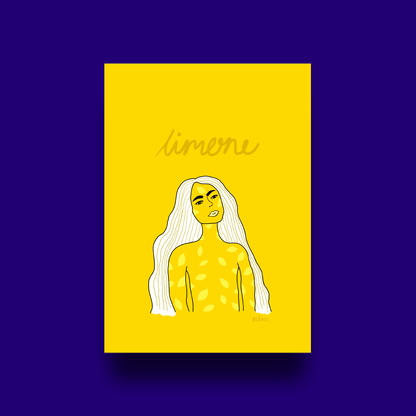 Limone plakat fra Blåmst med gul baggrund og håndtegnede detaljer, vist på blå baggrund – perfekt til kunstelskere.