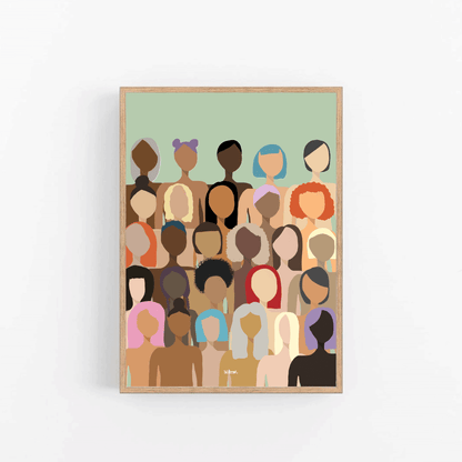 Blåmst Women of the World plakat med grøn baggrund – moderne kunst med kvinder i alle nuancer.
