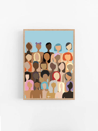 Women of the World plakat fra Blåmst med lyseblå baggrund – fejring af forskellighed.
