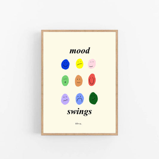 Mood Swings plakat fra Blåmst med farverige, håndtegnede ansigter